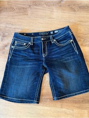 Miss Me Blue Denim Mid-Shorts with White Stitching